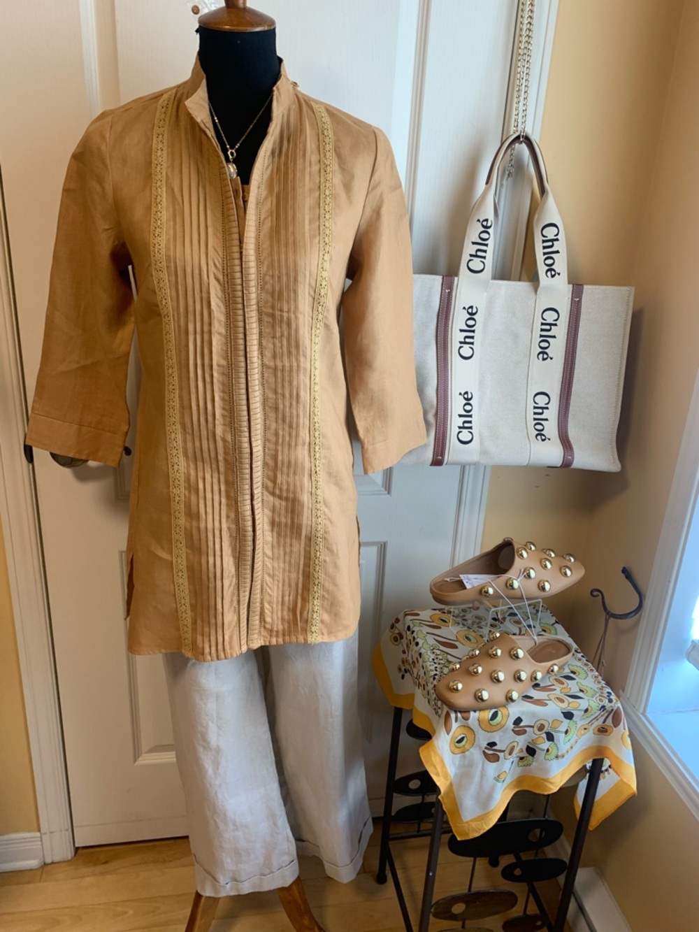 NWOT Bronze Tan Linen Tunic Top - Pleated Front